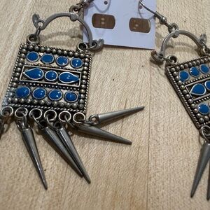 Boho Silver Tone Blue Statement Dangle Earrings